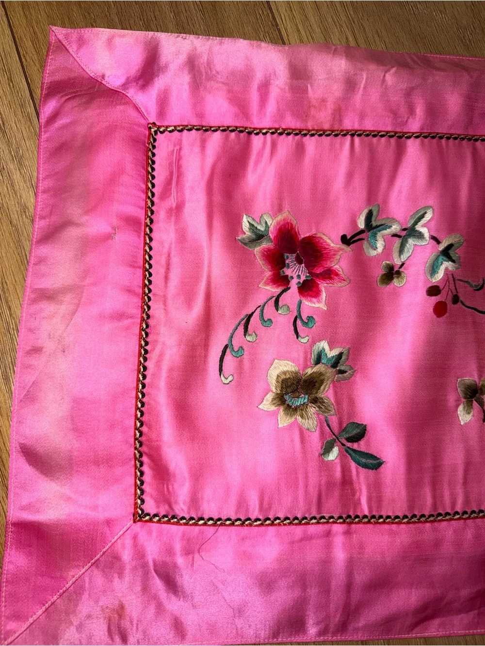 Pink Floral Embroidered Silk Pillow Case